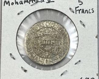 1929-34 Silver Morocco 5 Francs XF .680