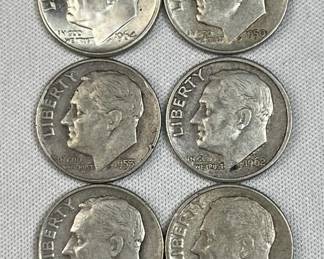 (6) 1946-64 Silver Era Roosevelt Dimes, US 90%