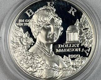 1999 Proof Silver Dolley Madison Dollar US 90%