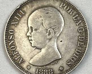 1888 Spain Silver 5 Pesetas,  Alfonso XIII, 90%