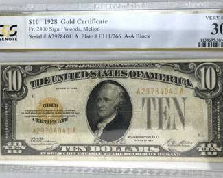 1928 Gold $10 Certificate, US PCGS VF 30