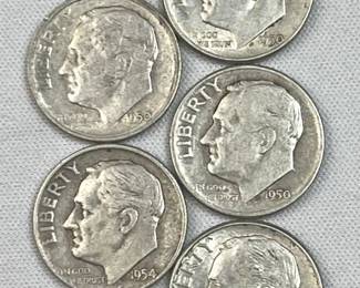 (5) 1946-64 Silver Era Roosevelt Dimes, US 90%