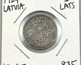 1924 Silver Latvia 1 Lats .835 Silver Coin