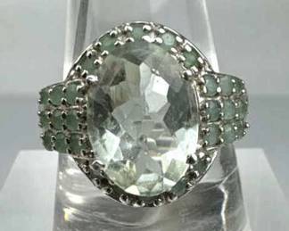 925 Silver Aquamarine & Natural Green Emerald Ring
