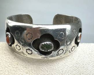 925 Silver Navajo Coral & Turquoise Cuff Bracelet