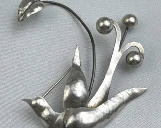 925 Silver Vintage Modernist Botanical Bird Brooch