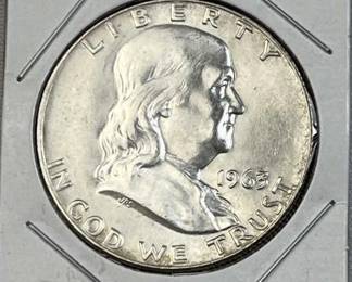 1963-D Franklin Silver Half Dollar, UNC 90% Coin