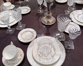 59 Piece Set of Minton "Corinthian" China with 23 Piece Set of Hawkes "Delft Diamond Cut" Stemware and 10 Crystal Sherbets
