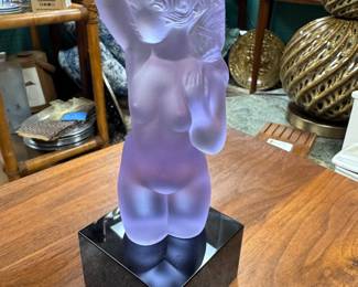 Car Mascot Lady Hood Ornament or Paperweight Crafted in Bohemia after H. Hoffman's design for Lalique. Satin finished sculpture on black base