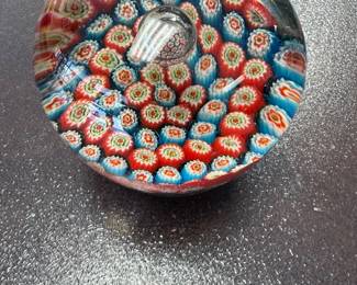 Vintage Millefiori Art Glass Paperweight Large Round 3" Tall Blue Red White