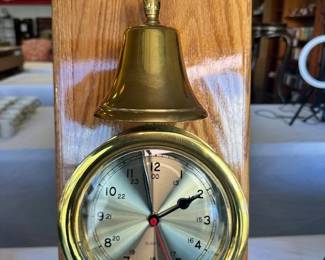 Brass Ship's Bell Quartz Clock on Wood Plaque