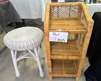 Wicker Stool & 3‑Tier Natural Shelf 