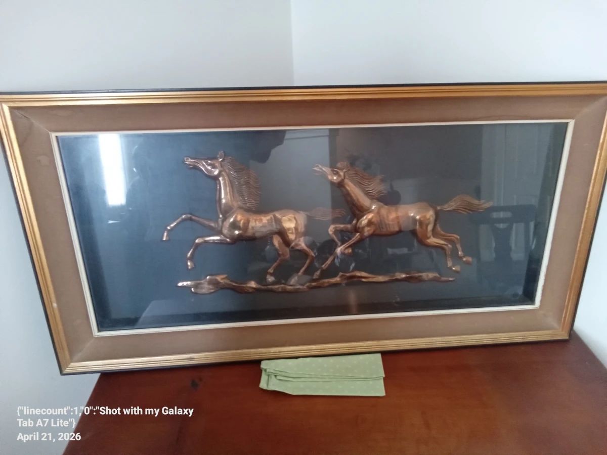 Three Dimensional look with brass horses behind glassed frame.