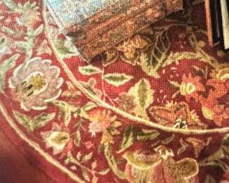 Hand-tufted floral rug, wool pile/glue back from India.  Classic European Aubusson design. Age 15-30 yrs 8’6” round (102” diameter)
