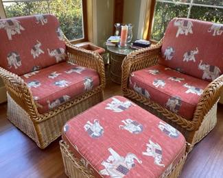 Wicker Chairs & Ottoman with Elephant fabric