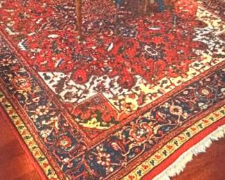 Original hand-knotted Heriz design. Indo-Persian rug.  Wool Pile on cotton foundation.  Red field & blue border.  8’x10’