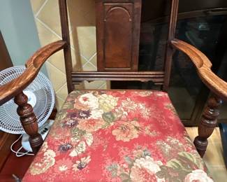 Antique Oak Armchair with Floral Upholstery