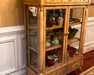 French country glass display with perfect hand painted surfaces. 41.5 wide,64" tall,15" deep