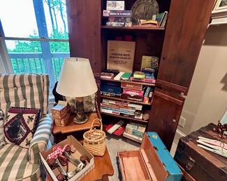 Vintage board games, toys, trunks and cabinet packed with collectibles