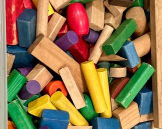 Large lot vintage wooden toy blocks (various shapes and colors)
