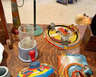Vintage tin toy train, noisemakers and unique antique toys