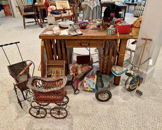 Vintage child’s strollers, tricycle, doll buggy, wooden toys and antique children’s items