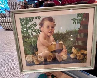 Vintage Johnson’s Baby Powder advertising print with chicks – framed
