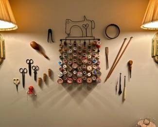 Vintage sewing tools & thread display – scissors, spools, and accessories
