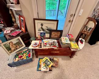 Vintage children’s books, toys, wooden blocks and cedar chest