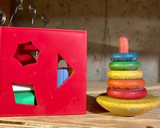 Vintage wooden stacking ring toy and shape sorter toy