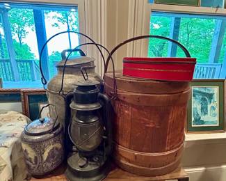 Vintage farmhouse décor grouping – milk can, wood bucket, lantern & crock