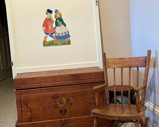 Vintage hand-painted baby gate (family piece, 1940s), with child’s blanket chest and wooden rocking chair