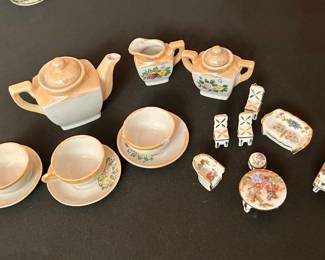 Vintage Limoges miniature porcelain tea set with dollhouse furniture pieces