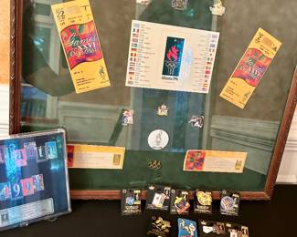 1996 Atlanta Olympics framed memorabilia display with tickets, pins & collector items