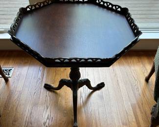 Wood pedestal table with pie crust edge and tripod base