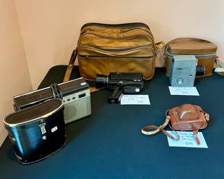 Vintage cameras, Super 8 camcorders, radio & leather camera bags with cases
