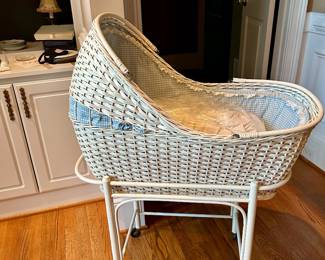 Vintage wicker baby bassinet with stand and liner