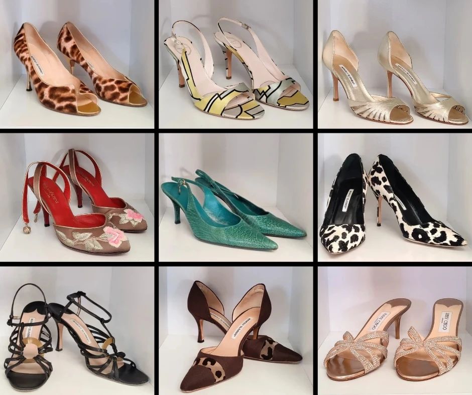 Women’s Designer Heels — Size 8.5–9.5 (Many Narrow) Large selection of high-end designer heels featuring brands such as Manolo Blahnik, Jimmy Choo, Prada, and Yves Saint Laurent, along with other luxury labels. A range of styles including classic pumps, strappy heels, and statement pieces — many in excellent condition. Ideal for collectors, stylists, and anyone looking for quality designer footwear at estate sale pricing.