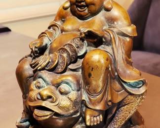 Incredible, 8 pound bronze buddha riding a lucky toad, Old vintage or antique