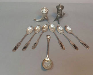 Lot 194: W&S Sorensen Sterling Spoons / Norway Shakers (60+dwt)
