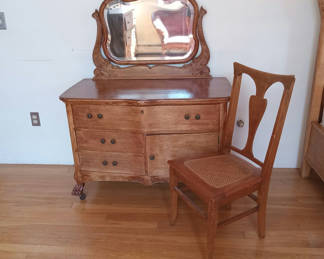 Lot 228: Antique Vanity/Dresser w/Mirror and Chair