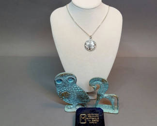 Lot 182: Sterling Greek Necklace & Brass Paperweights (6.5dwt)