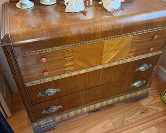 Art Deco Walnut Chest of Drawers with Mirror, Bake Lite Drawer Pulls