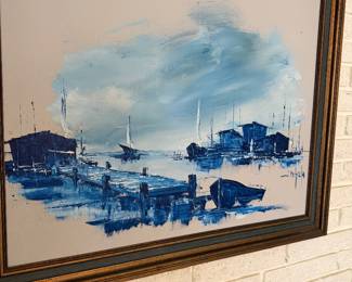 Mid Century Modern Oil Painting, Nautical Boats, Signed John Ostach