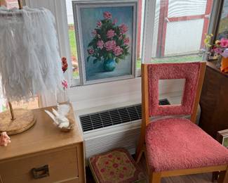 Mid Century Fun Side Chair. Mid Century Occasional Table with Drawers