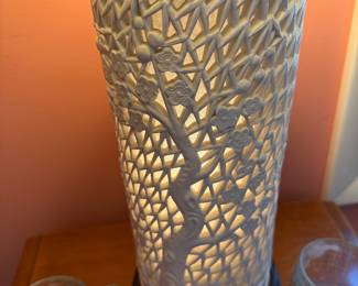 Chinese Chinoiserie White Porcelain Fretwork, Raised Cherry Blossoms