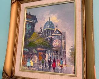 Mid Century Original Oil, Paris Scene, Gold Gilt Frame. Painting is Small