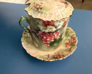 Antique T&V Artist Signed Red Currant Condensed Milk Jar with Underplate, Limoges France