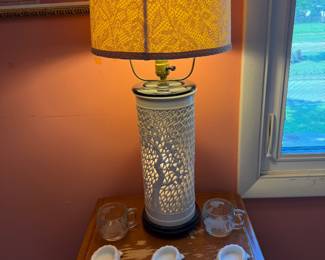 Mid Century Chinese  Chinoiserie White Porcelain Fretwork Raised Cherry Blossoms Table Lamps (2) 