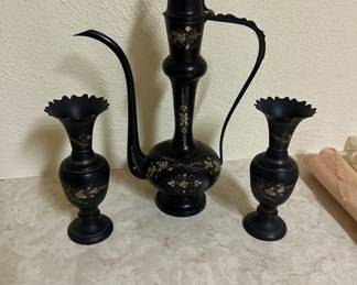 Vintage Black Etched Brass Indian Ewer & Vase Set - 3 Pieces: Decorative Floral